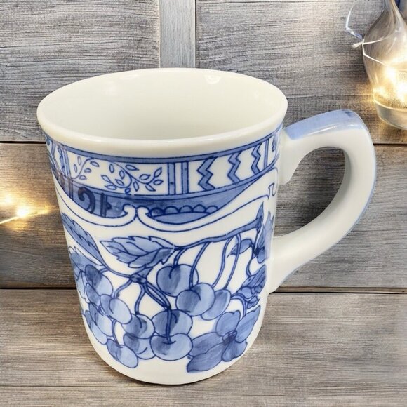 1995 Jardin Blue Cardinal Ceramic Coffee Mug Cup Set 2 Blue White Fruit Cherry - Picture 3 of 15